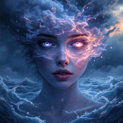 The primary subject of the image is a woman with blue eyes and a glowing head. She is surrounded by a blue ocean, which serves as the setting and background of the scene. The visual style of the image is digital art, as it is a detailed and intricate illustration of the woman. The colors and mood of the image are predominantly blue, creating a serene and calming atmosphere.